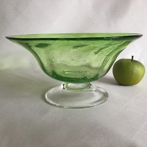 Hand Blown Art Glass Bubble Green glass Pedestal Bowl